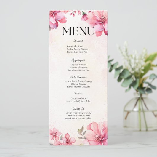 Petals en Prosecco Bloemen Bruiloft Douche Menu Kaart (Staand voorkant)
