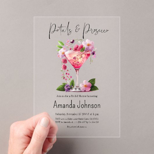 Petals en Prosecco Blush Pink Floral Vrijgezellenf Acryl Uitnodigingen (Insitu (Draagbaar))