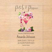 Petals en Prosecco Blush Pink Floral Vrijgezellenf Acryl Uitnodigingen (Voorkant)