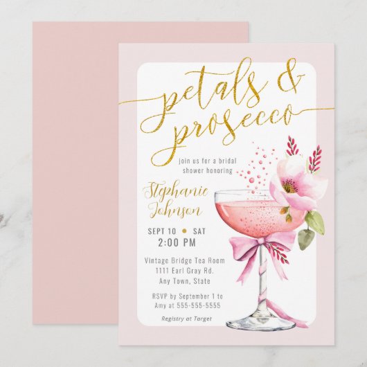 Petals en Prosecco Blush Roze Bloem Douche Kaart (Voorkant / Achterkant)
