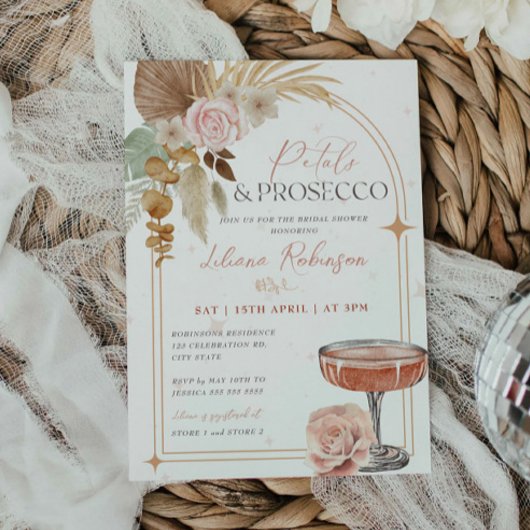 Petals en Prosecco Boho Bridal Shower Uitnodiging