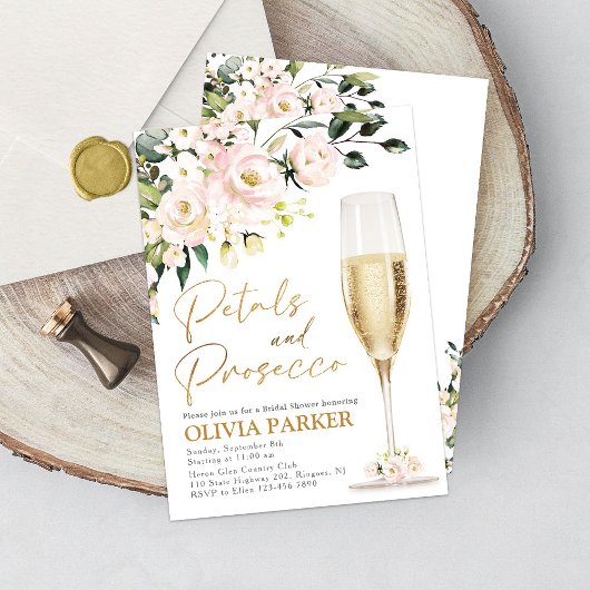 Petals en Prosecco Bridal Shower Invitation Gold Kaart