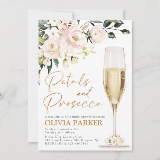 Petals en Prosecco Bridal Shower Invitation Gold Kaart (Voorkant)