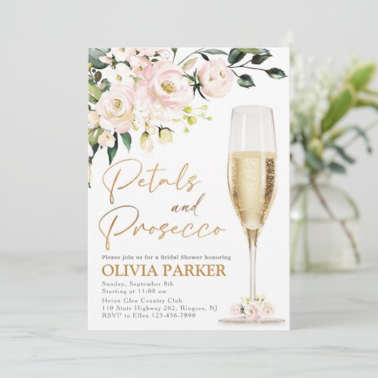 Petals en Prosecco Bridal Shower Invitation Gold Kaart (Staand voorkant)