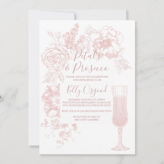 Petals en Prosecco bruids douche uitnodiging (Voorkant)