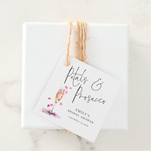 Petals en Prosecco Elegant Script Vrijgezellenfees Bedankjes Labels (In situ)