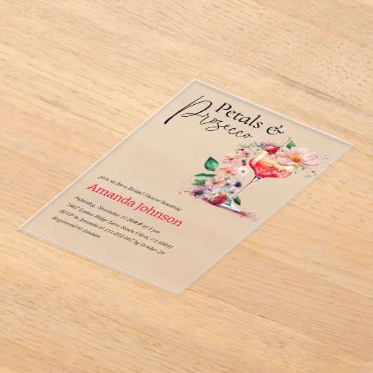 Petals en Prosecco Floral Vrijgezellenfeest Brunch Acryl Uitnodigingen (Laagn)