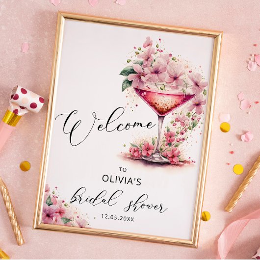 Petals en Prosecco Roze Bloemen Bruidswelkom Poster