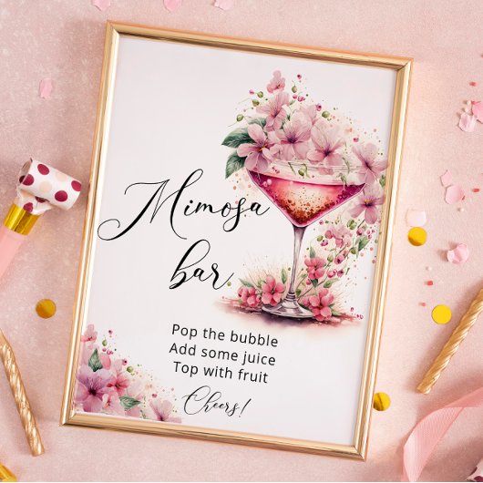 Petals en Prosecco Roze Bloemen Mimosa Bar Teken Poster