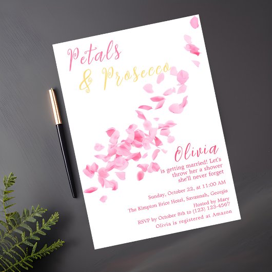 Petals en Prosecco Roze Bruidsdouche Uitnodiging