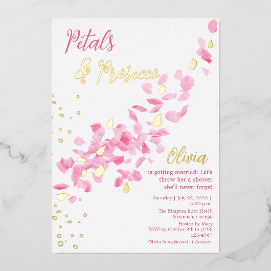 Petals en Prosecco Roze Bruidsdouche Uitnodiging (Voorkant)