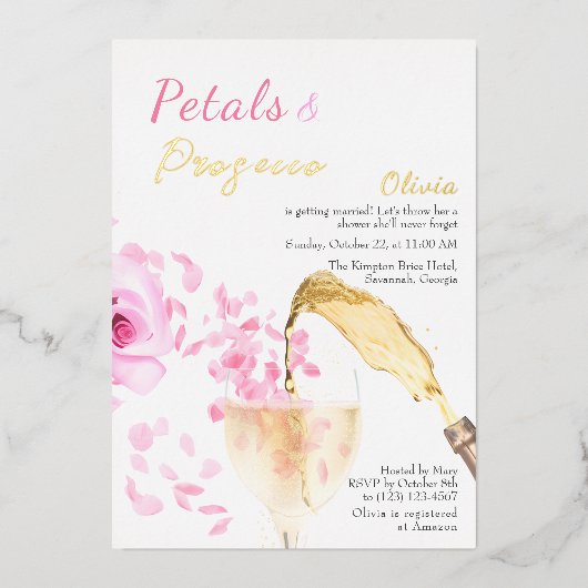 Petals en Prosecco Roze Bruidsdouche Uitnodiging (Voorkant)