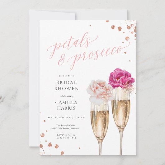 Petals en Prosecco Script Blush Vrijgezellenfeest Kaart (Voorkant)