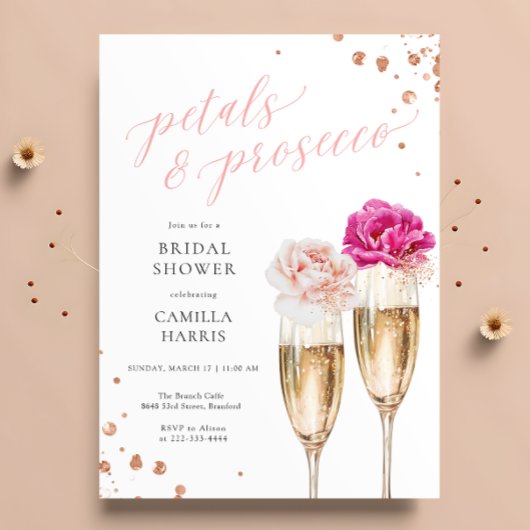 Petals en Prosecco Script Blush Vrijgezellenfeest Kaart