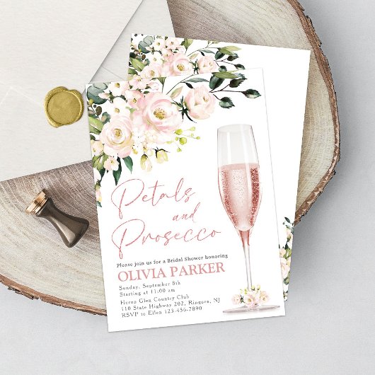 Petals en Prosecco Shower Invitation Roos Gold Kaart