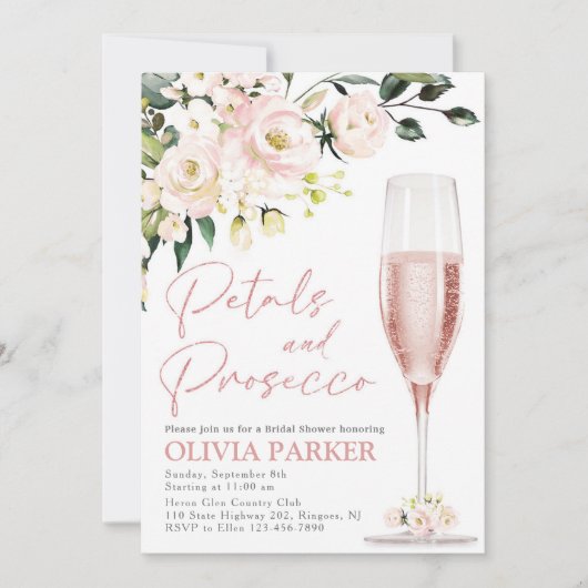 Petals en Prosecco Shower Invitation Roos Gold Kaart (Voorkant)