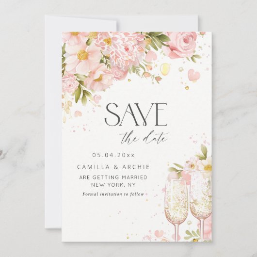 Petals en Prosecco slaan de datum op Save The Date (Voorkant)