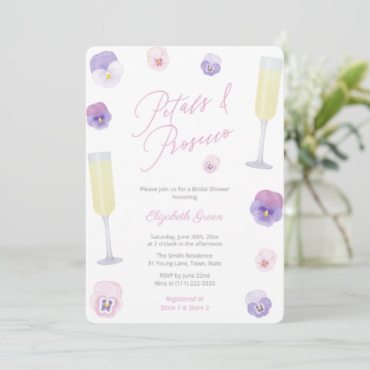 Petals en Prosecco Vrijgezellenfeest Brunch Party Kaart (Staand voorkant)