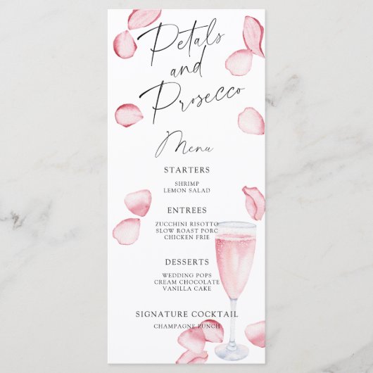 Petals en Prosecco vrijgezellenfeest menu (Voorkant)