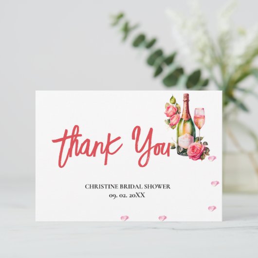 Petals en Prosecco Vrijgezellenfeest Party Dank u Kaart (Staand voorkant)
