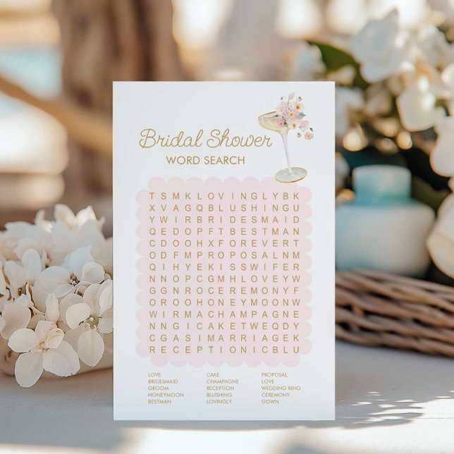 Petals en Prosecco Woord Zoeken Bruidsspel (Bridal Shower Pink Champagne Word Search Game)