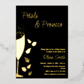 Petals en Prosecco Zwart Goud Elegante Uitnodiging (Voorkant)
