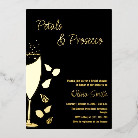 Petals en Prosecco Zwart Goud Elegante Uitnodiging (Voorkant)