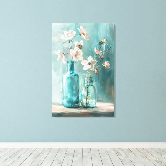 Petals & Porselein: Boerderij Roos Vaas Waterverf Canvas Afdruk (Insitu (Houten vloer))