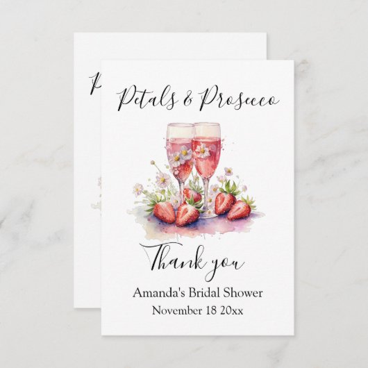 Petals & Prosecco Aardbei Bloem Bruidsfeest  Bedankkaart (Voorkant / Achterkant)