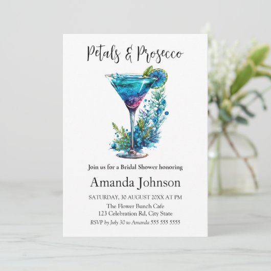 Petals & Prosecco Blauw Bloemen Blush Vrijgezellen Kaart (Staand voorkant)