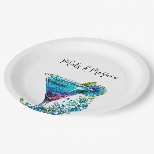 Petals & Prosecco Blauw Bloemen Vrijgezellenfeest Papieren Bordje (Gekanteld)