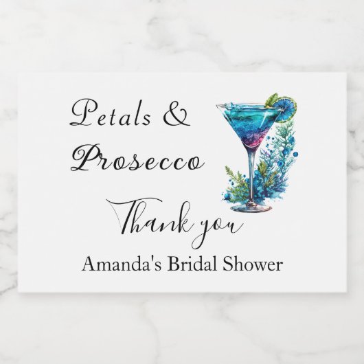 Petals & Prosecco Blauwe Bloem Bruidsfeest  Sparkling Wijnetiket (Enkel label)