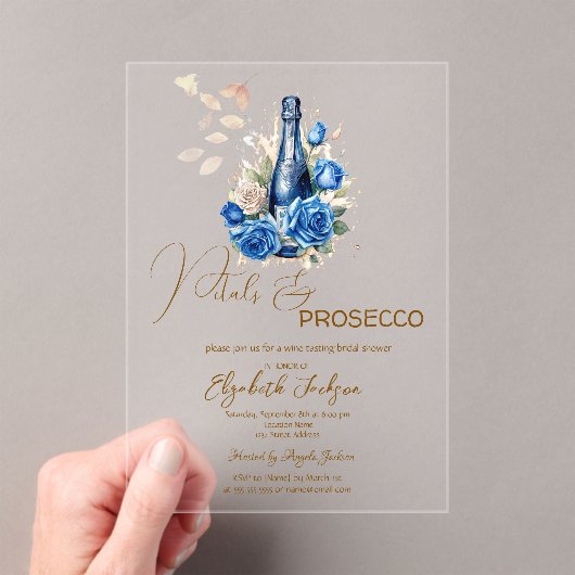 Petals & Prosecco Blauwe Rozen Champagne Acryl Uitnodigingen (Insitu (Draagbaar))
