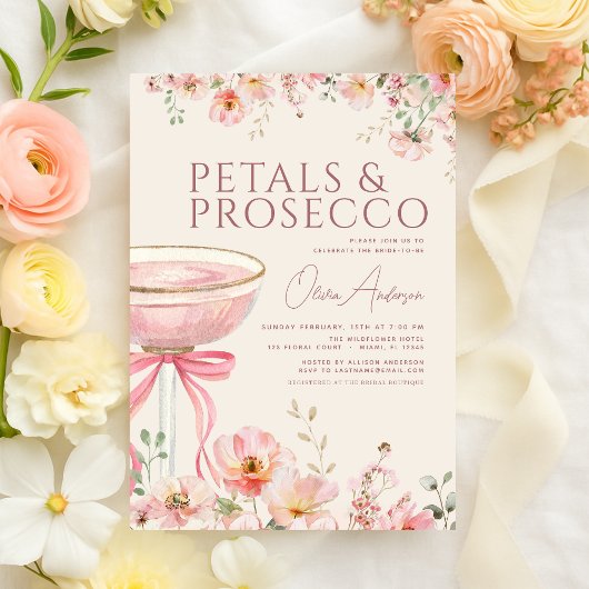 Petals & Prosecco Blush Pink Bow Bridal Shower  Kaart