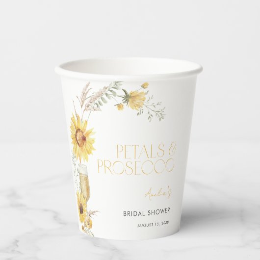 Petals & Prosecco Boho Zonnebloem Vrijgezellenfees Papieren Bekers (Voorkant)