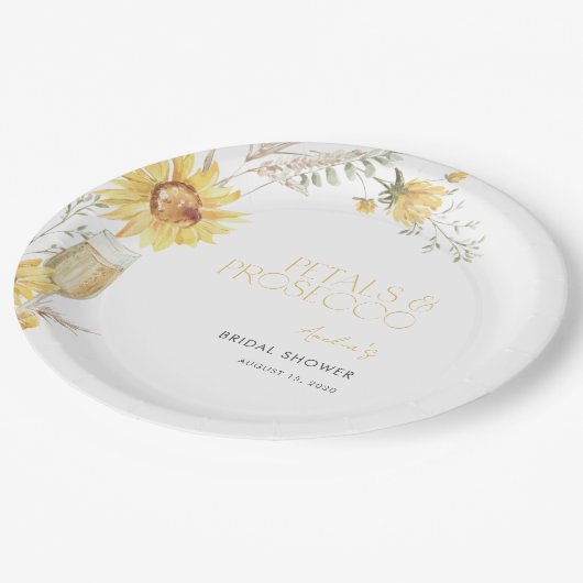Petals & Prosecco Boho Zonnebloem Vrijgezellenfees Papieren Bordje (Gekanteld)