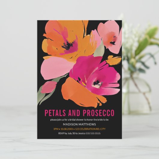 Petals & Prosecco Bright Abstract Floral Black Kaart (Staand voorkant)