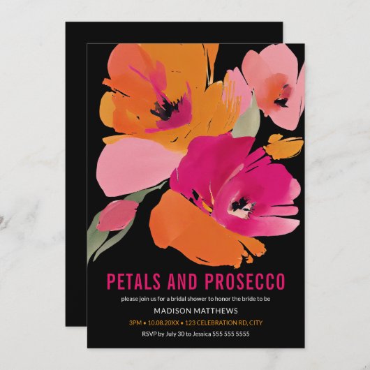 Petals & Prosecco Bright Abstract Floral Black Kaart (Voorkant / Achterkant)