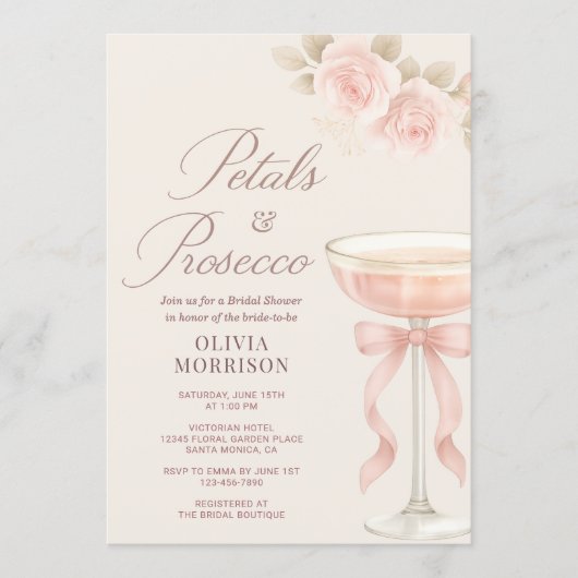 Petals & Prosecco Champagne Bow Bridal Shower Kaart (Voorkant)