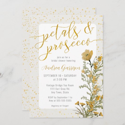 Petals & Prosecco Gele Bruidsdouche Uitnodiging (Voorkant / Achterkant)
