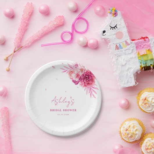 Petals & Prosecco Heet Roze Bloemen Vrijgezellenfe Papieren Bordje (Feest)