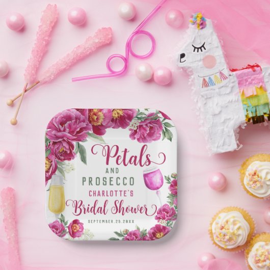 Petals & Prosecco Heet Roze Bloemen Vrijgezellenfe Papieren Bordje (Feest)