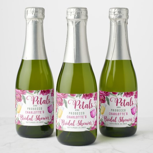 Petals & Prosecco Heet Roze Bloemen Vrijgezellenfe Sparkling Wijnetiket (Flessen)