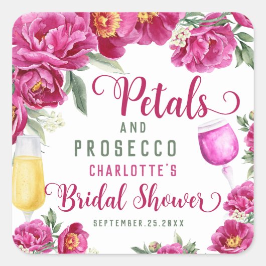 Petals & Prosecco Heet Roze Bloemen Vrijgezellenfe Vierkante Sticker (Voorkant)