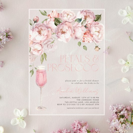 Petals & Prosecco Modern Roze Bloemen Vrijgezellen Acryl Uitnodigingen