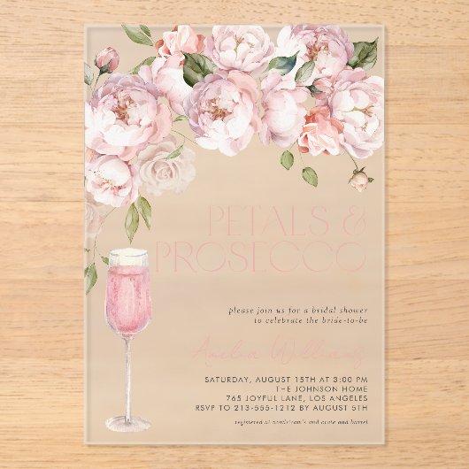 Petals & Prosecco Modern Roze Bloemen Vrijgezellen Acryl Uitnodigingen (Voorkant)