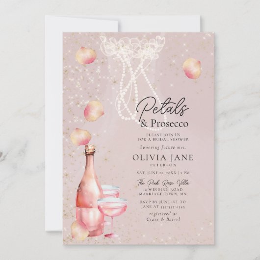Petals Prosecco Pearls Pink Gold Vrijgezellenfeest Kaart (Voorkant)