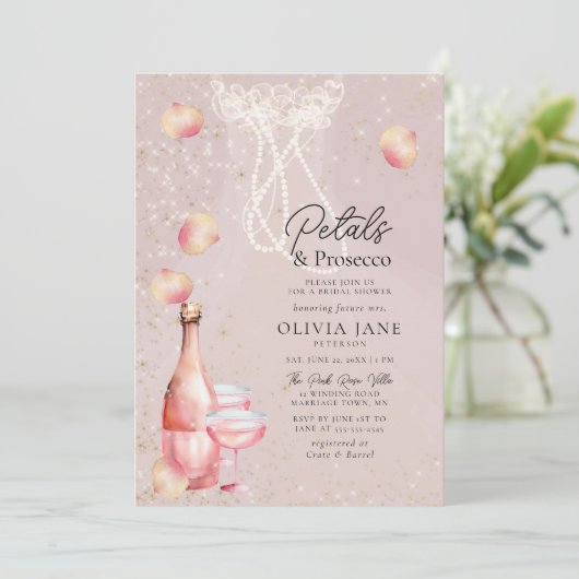 Petals Prosecco Pearls Pink Gold Vrijgezellenfeest Kaart (Staand voorkant)