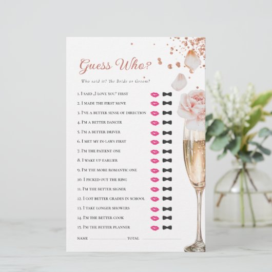 Petals & Prosecco Raad Wie Vrijgezellenfeest Spel Briefpapier (Staand voorkant)