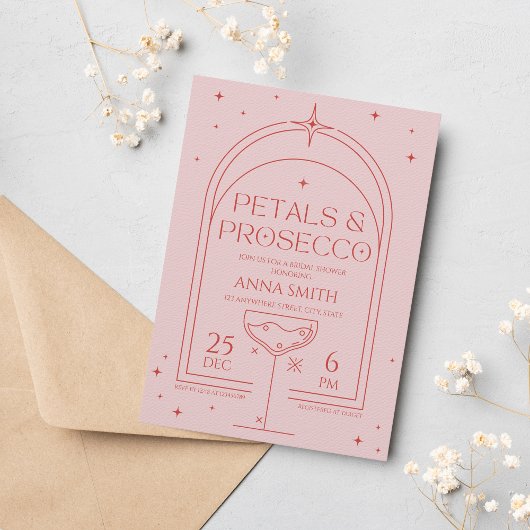 Petals & Prosecco Retro Roze Rood Vrijgezellenfees Kaart